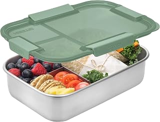 Smash Microwave Safe Stainless Steel Bento Lunch Box, 3 Compartments, Sage, 44oz with PP Lid
