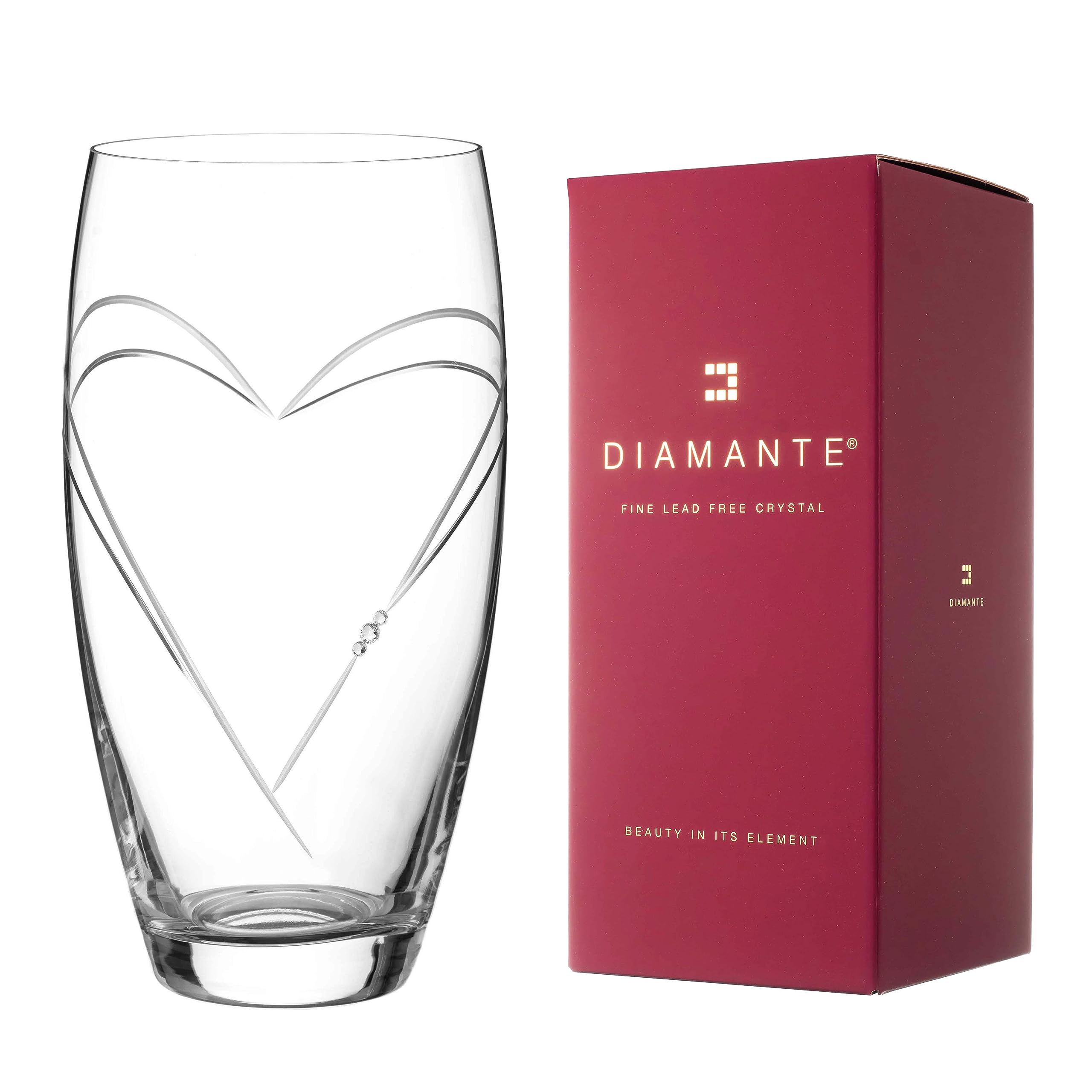 Diamante Clear Heart In Heart Large Hand Cut Crystal Barrel Vase With Swarovski Crystals - 26Cm