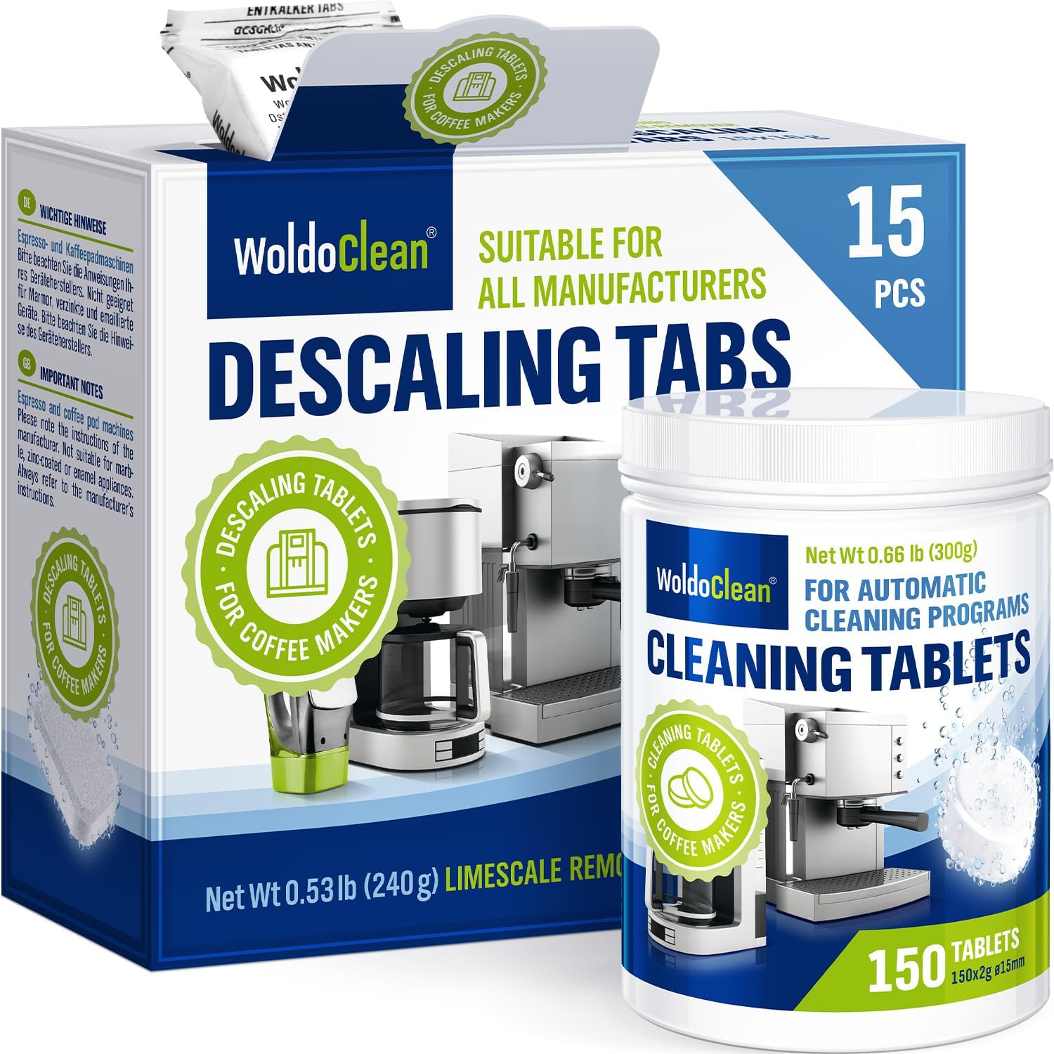 Descaler Tablets 15x 16g & Cleaning Tablets 150x 2g - for Coffee Machines compatible with Keurig, Nespresso, Ninja and more
