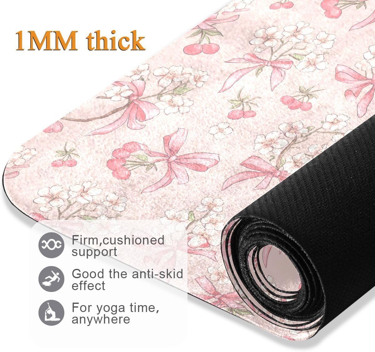 ALAZA Cherry Bow Floral Pattern Yoga Mat Non Slip Fitness Exercise Mat, Workout Mat for Yoga, Pilates and Floor Exercises