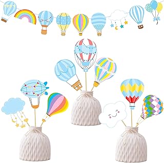 Hot Air Balloon Centerpiece Sticks 19PCS Blue Hot Air Balloon Birthday Table Decorations Cloud Table Toppers Fly Sky Party Decor for Boy Tavel Theme Baby Shower Supplies