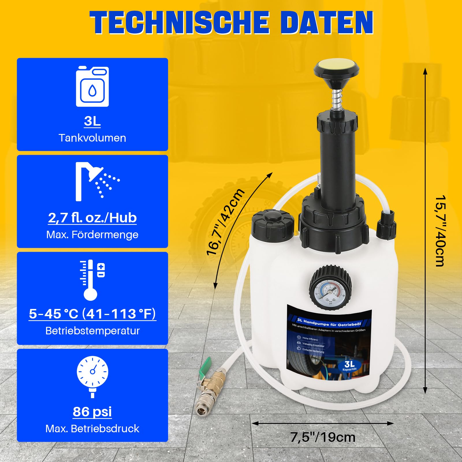 DASBET 3L Getriebeöl-Füllpumpe Set, manuelle Getriebeöl-Transferpumpe | mit Manometer und 12 ATF-Adaptern, Automatikgetriebe-Ölspender Werkzeug für Fahrzeugwartung