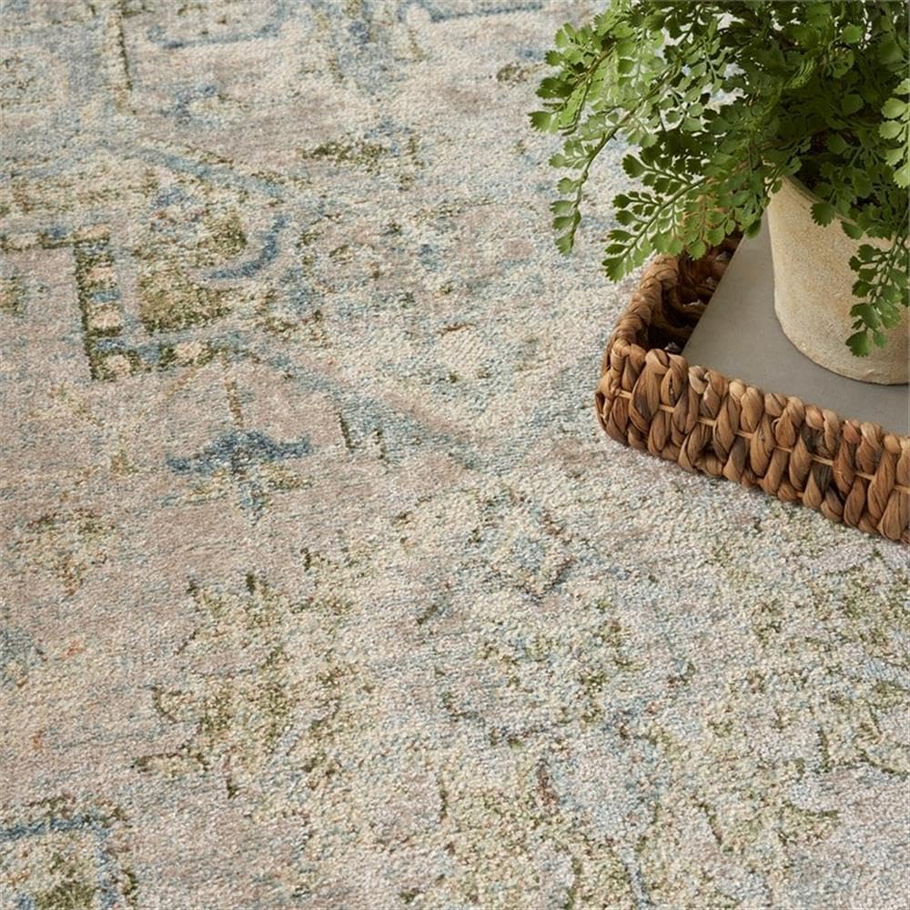 Pemberly Row Washable Rectangle Area Rug, 8' x 10', 100% Polyester, Blue Green Shimmer Finish, Low-Pile Design, Non-Shedding, Vintage Farmhouse Boho Style, Ideal for Living Room or Bedroom