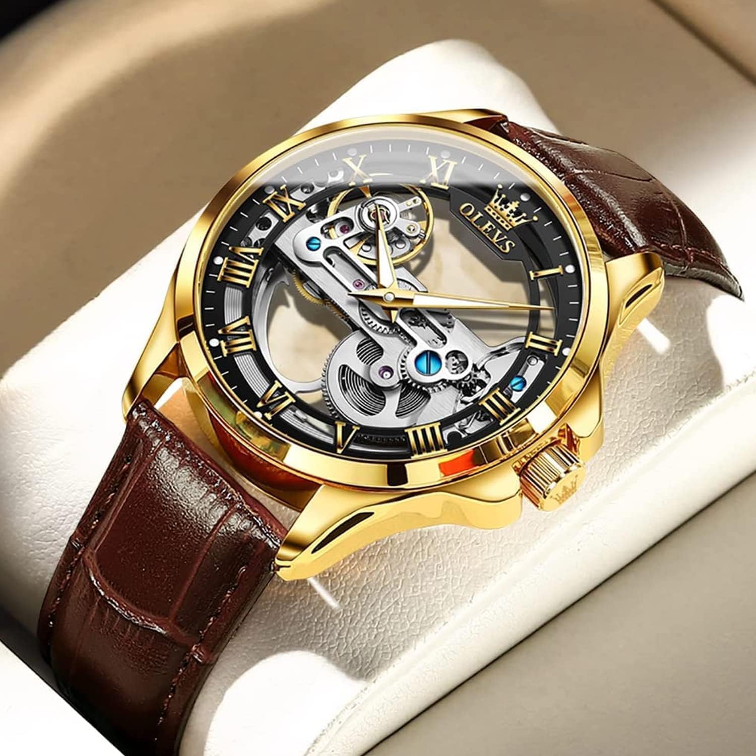 OLEVS Skeleton Watches for Men Automatic Self Winding Mechanical Luxury Dress Leather Waterproof Luminous Men Wrist Watch - Image 2