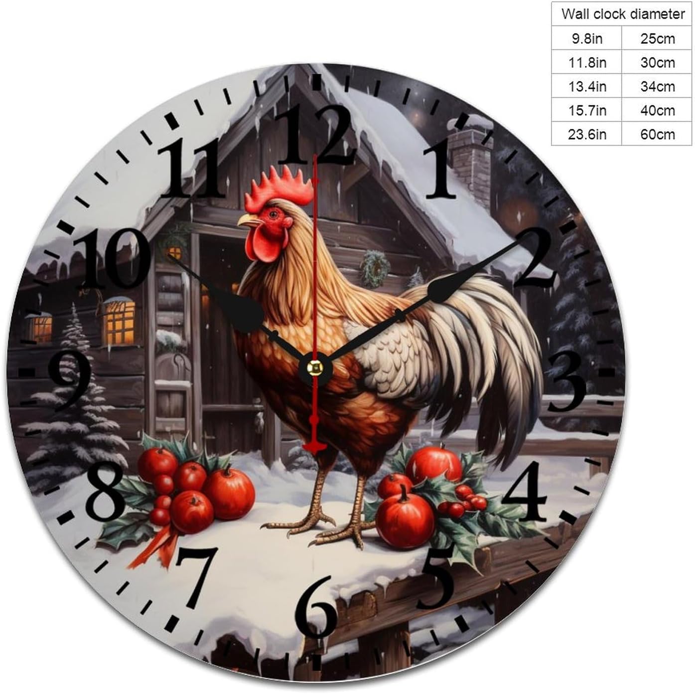 Wooden Wall Clock Rooster Christmas Round Wooden Decorative Silent & Non-Ticking Rustic Poultry Chicken Wood Clock 12 Inch Kitchen Dining Room Christmas Wooden Winter Clock
