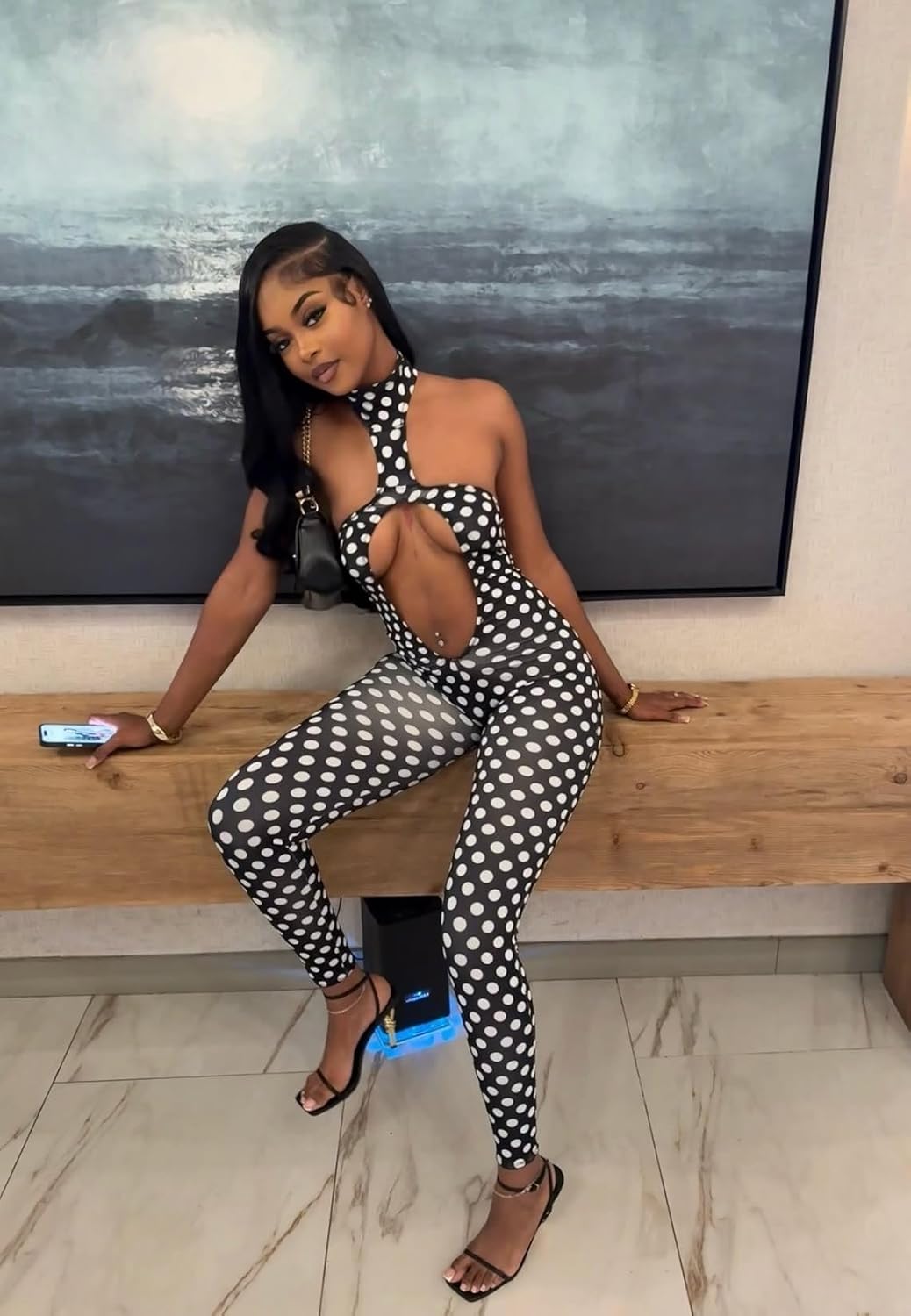 Polka Dot Jumpsuit for Women Sexy Cut Out Halter Neck Open Back Bodycon Date Night Rompers Y2K Rave Club Party Outfits