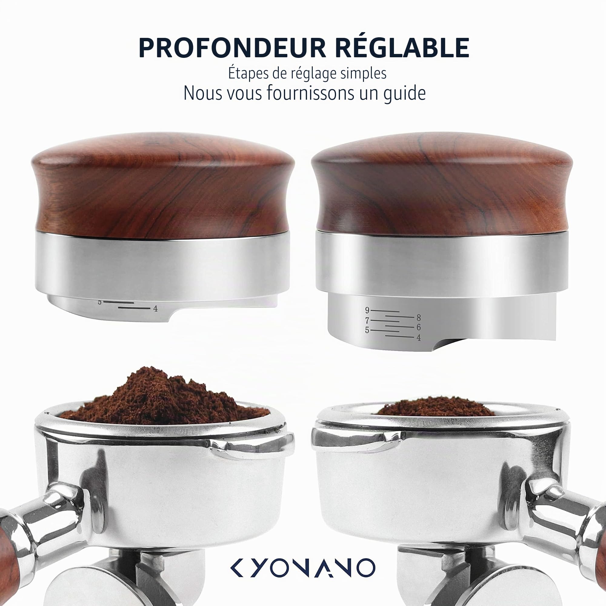 Distributeur 58 mm réglable en hauteur, distributeur de poudre de café en acier inoxydable de qualité supérieure et bois de poirier jaune outil de mise à niveau du café avec hauteur réglable 4-13 mm