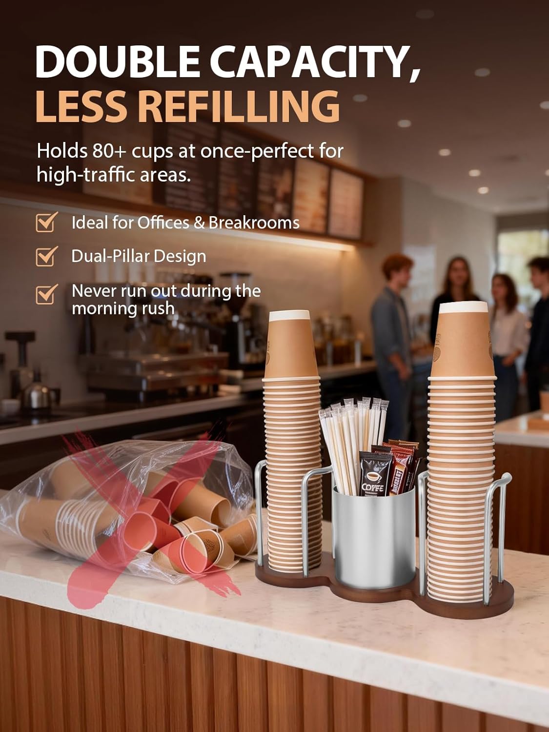 Walnut Coffee Bar Organizer - Dual Disposable Cup Dispenser for 3oz-9oz, 3-in-1 Paper Cup Holder & Storage Caddy for Office Breakroom, Kitchen Countertop & Bathroom (Silver)
