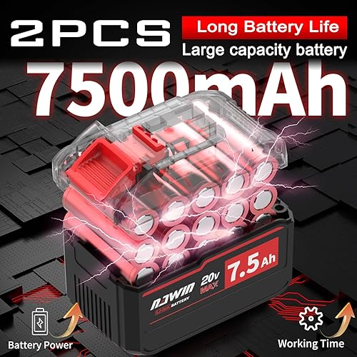 Miniatura 4 de NAWIN Kit de amoladora inalámbrica de 20 V, 4 pulgadas, batería de iones de litio de 2 x 7.5 Ah y cargador rápido, motor sin escobillas de 9000 RPM,