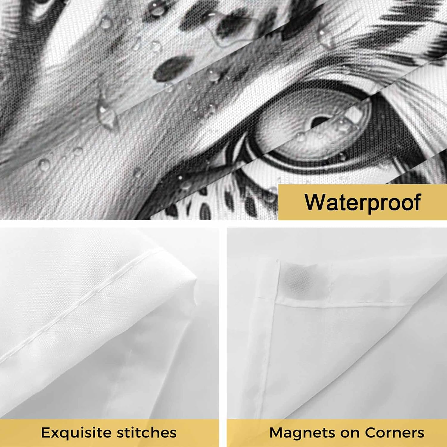 Animal Tiger No Hook Shower Curtain with Snap in Liner Ear Eyes Texture White Waterproof Bathroom Shower Curtain with See Through Top Window for Bathtub 72" x 72"