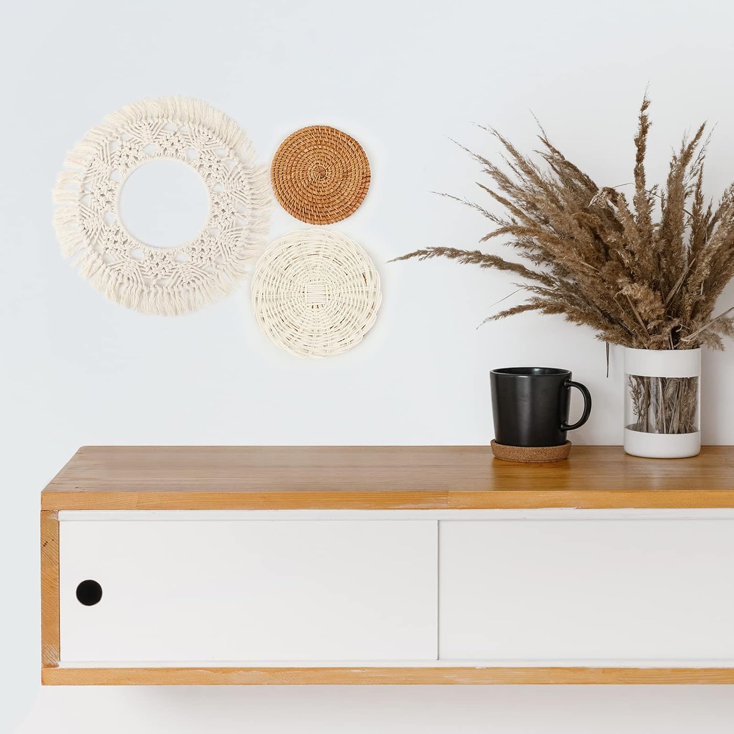 Set of 8 Boho Wall Hanging Set - Woven Rattan, Bamboo Baskets with Macrame Tassels & Tapestry for Bedroom, Living Room, Nursery Decor