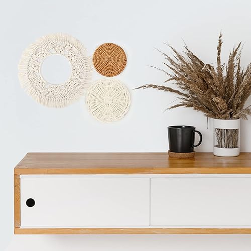 Miniatura 6 de Juego de 8 cestas de pared bohemias para decoración de pared, cesta tejida plana, juego de decoración de pared de ratán, cesta redonda de bambú para