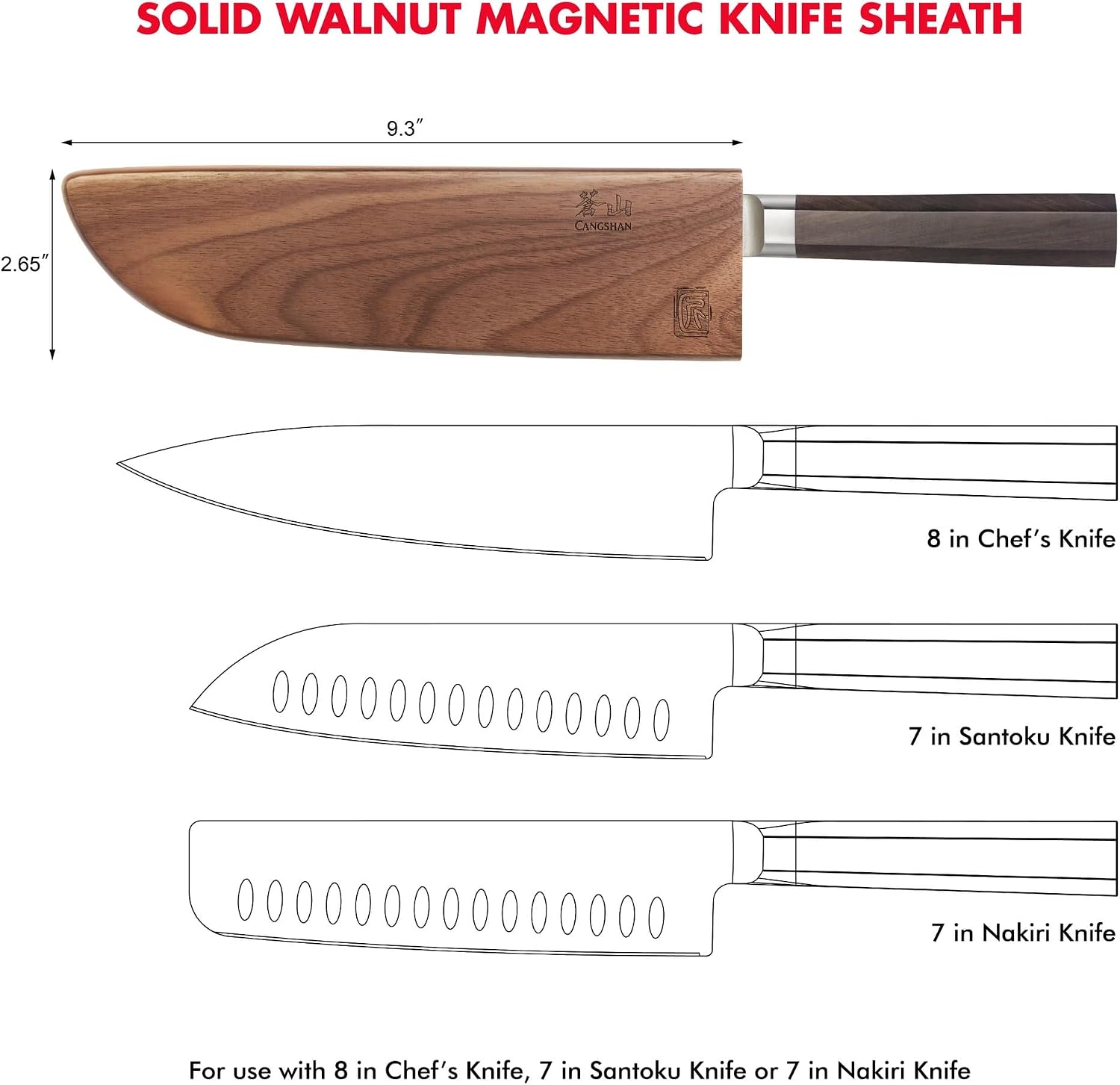 Walnut Magnetic Knife Sheaths, Saya Style Blade Protection (7-Inch)
