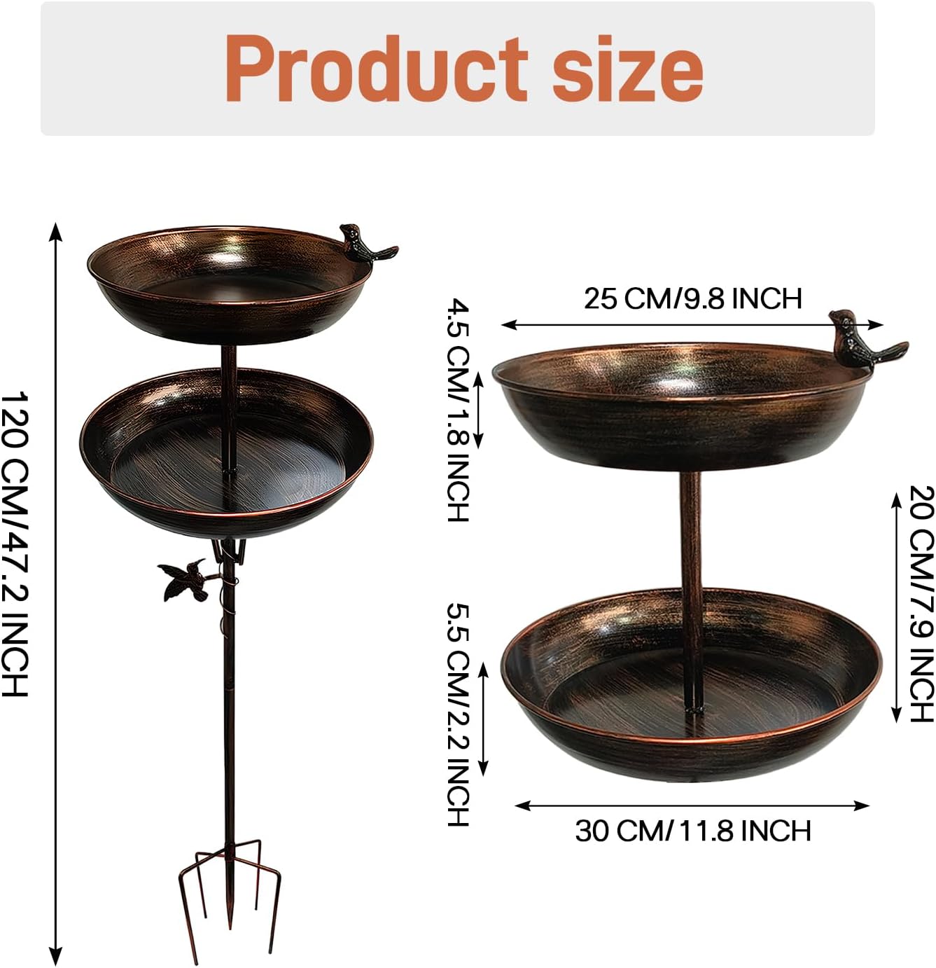 Double Standing Bird Feeder and Bird Bath 47 Inch, Antique Large Birdbath for Outside, Metal Hummingbird Water Feeder Bowl, Tall Sturdy Pedestal Stake for Outdoor Yard Garden Lawn