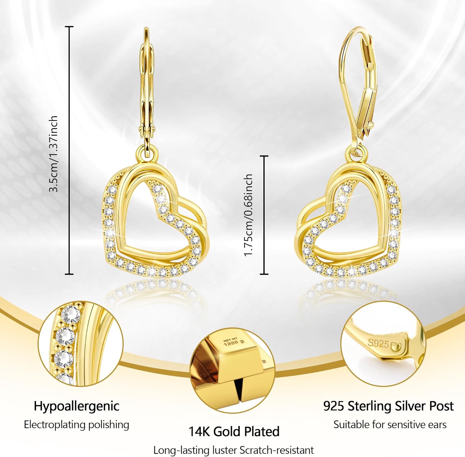 925 Sterling Silver Heart Earrings for Women, 14K Gold Plated Cubic Zirconia Dangle Earrings, Leverback Hypoallergenic Drop Earings for Women, Valentine's Day Gifts - Image 4