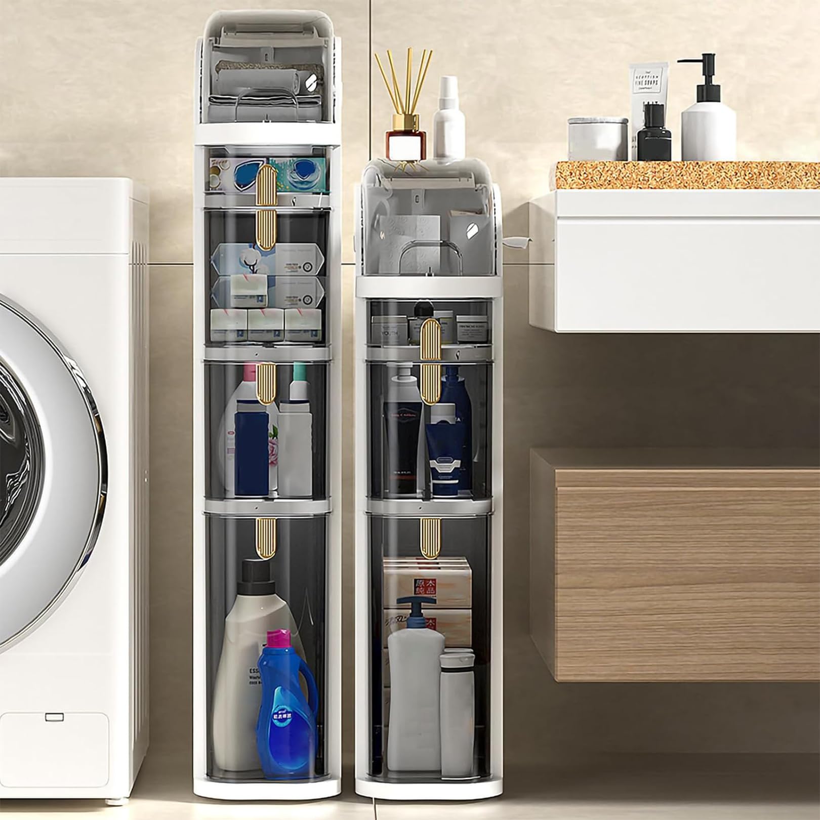 Aufbewahrungsschrank Badezimmer-Bodenaufbewahrungsschrank 7″ schmaler, schmaler Organizer, seitliche Eckeinheit mit Griff, Rollen, durchsichtige Schubladen für kleine Küchen, Waschküche, Wohnzimmer, T