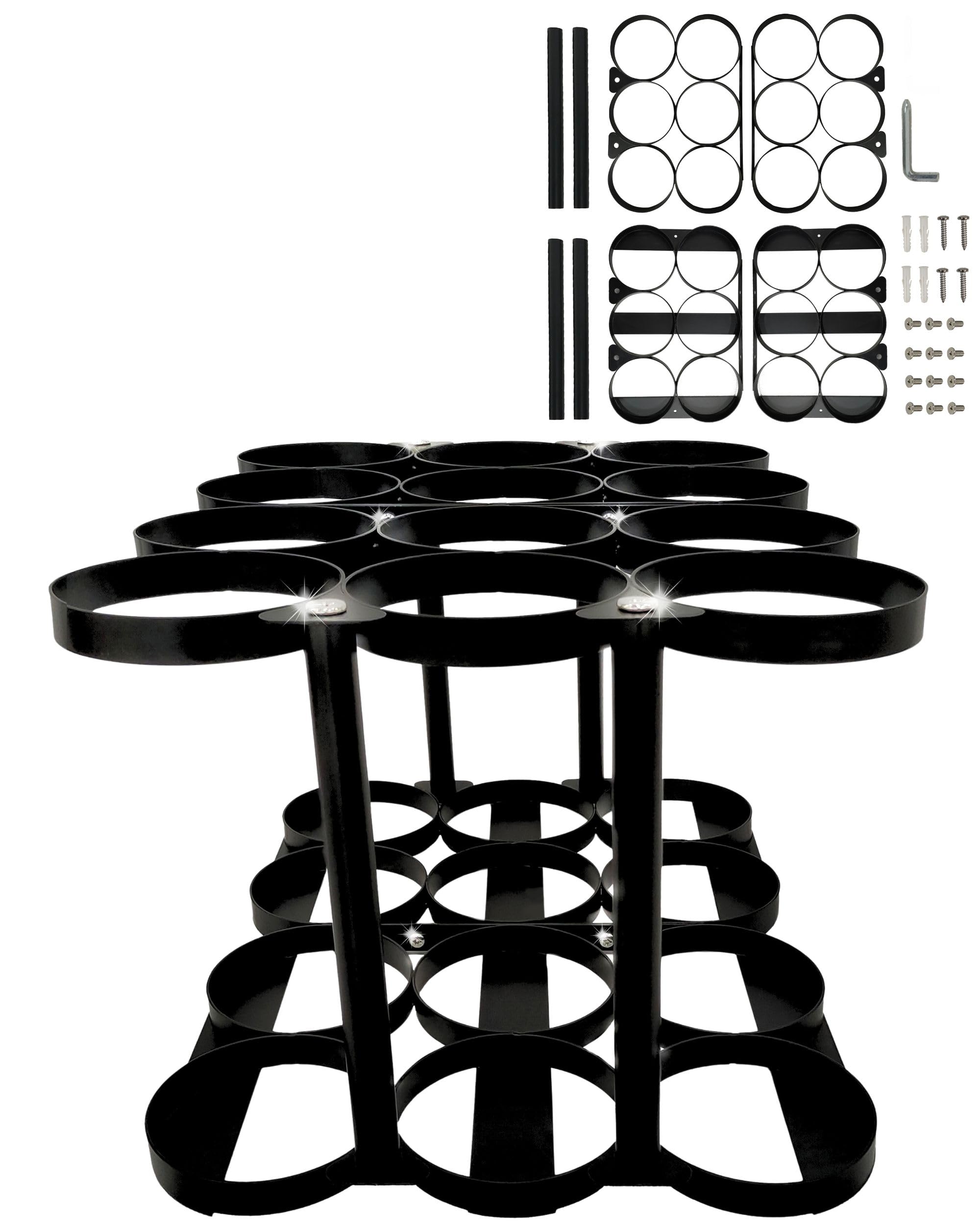 Detachable Oxygen Tank Holder (12) for E, D, M9/C Size Cylinders - Heavy Duty Metal Storage Rack - Portable Oxygen Tank Carrier for Travel & Vehicle Use (Black) (4.5" Wide Slots)