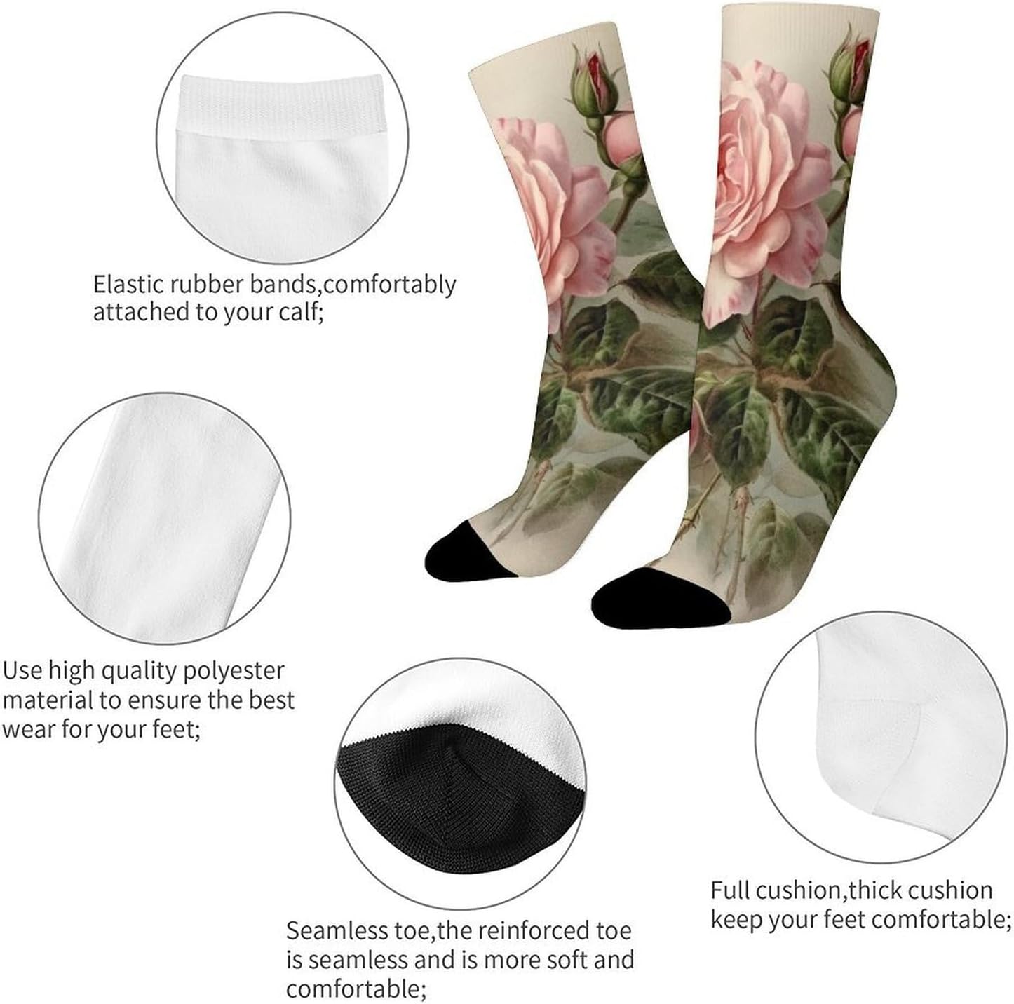 Breathable Sports Socks, Moisture Wicking, Lightweight Crew Socks | Vintage Beautiful Rose Athletic Calf Socks for Women Men, Casual, Anti-Slip, Multifunctional Work Socks