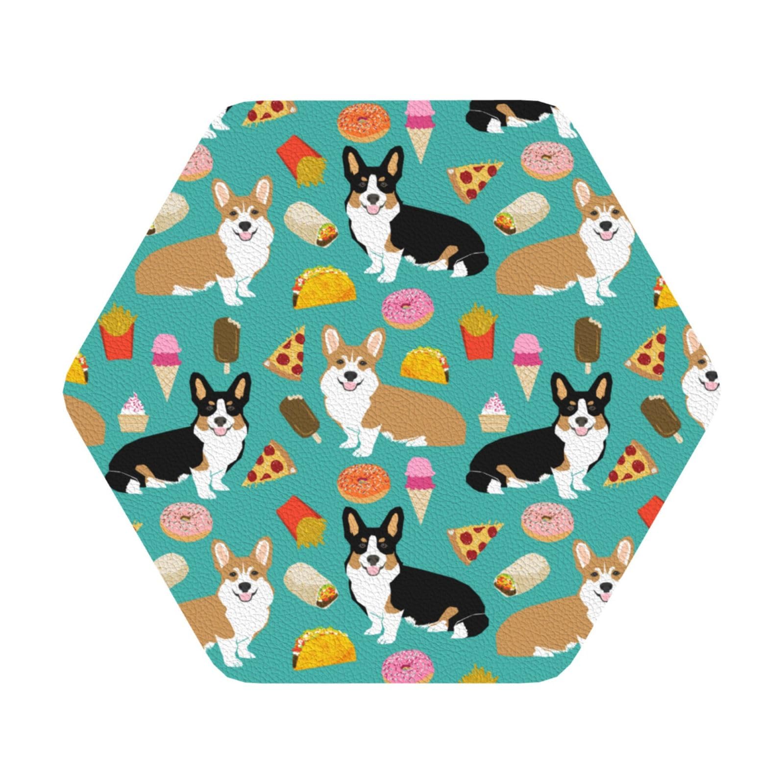 Cute Dogs PU Leather Coasters Set of 6 Hexagon Drink Coasters