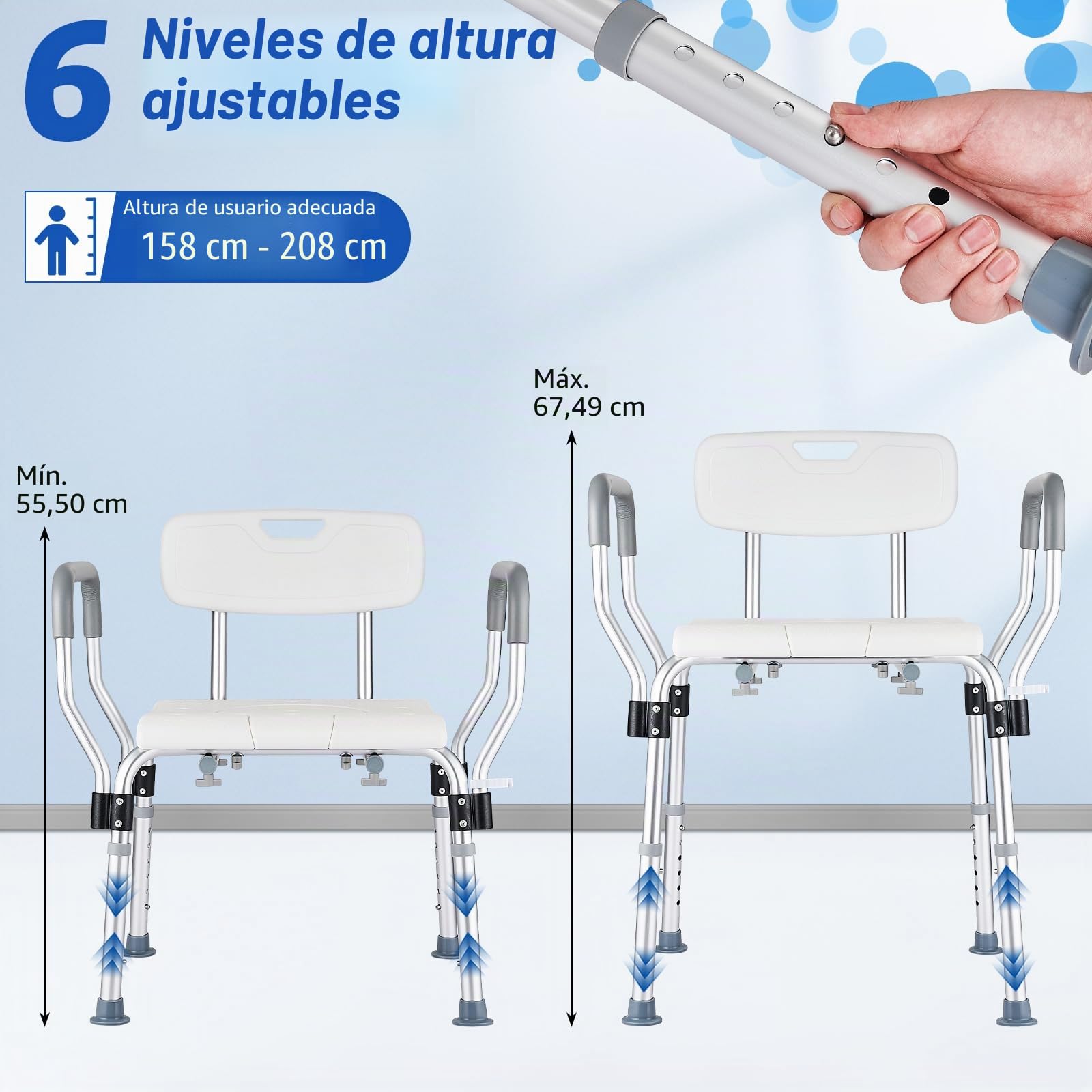 Silla de Ducha para Mayores, Asiento Extraíble en Forma de U para Taburetes de Ducha y Baño con Respaldo y Brazos, Ajustable de 6 Niveles de Ducha Regulable para Ancianos y Discapacitados