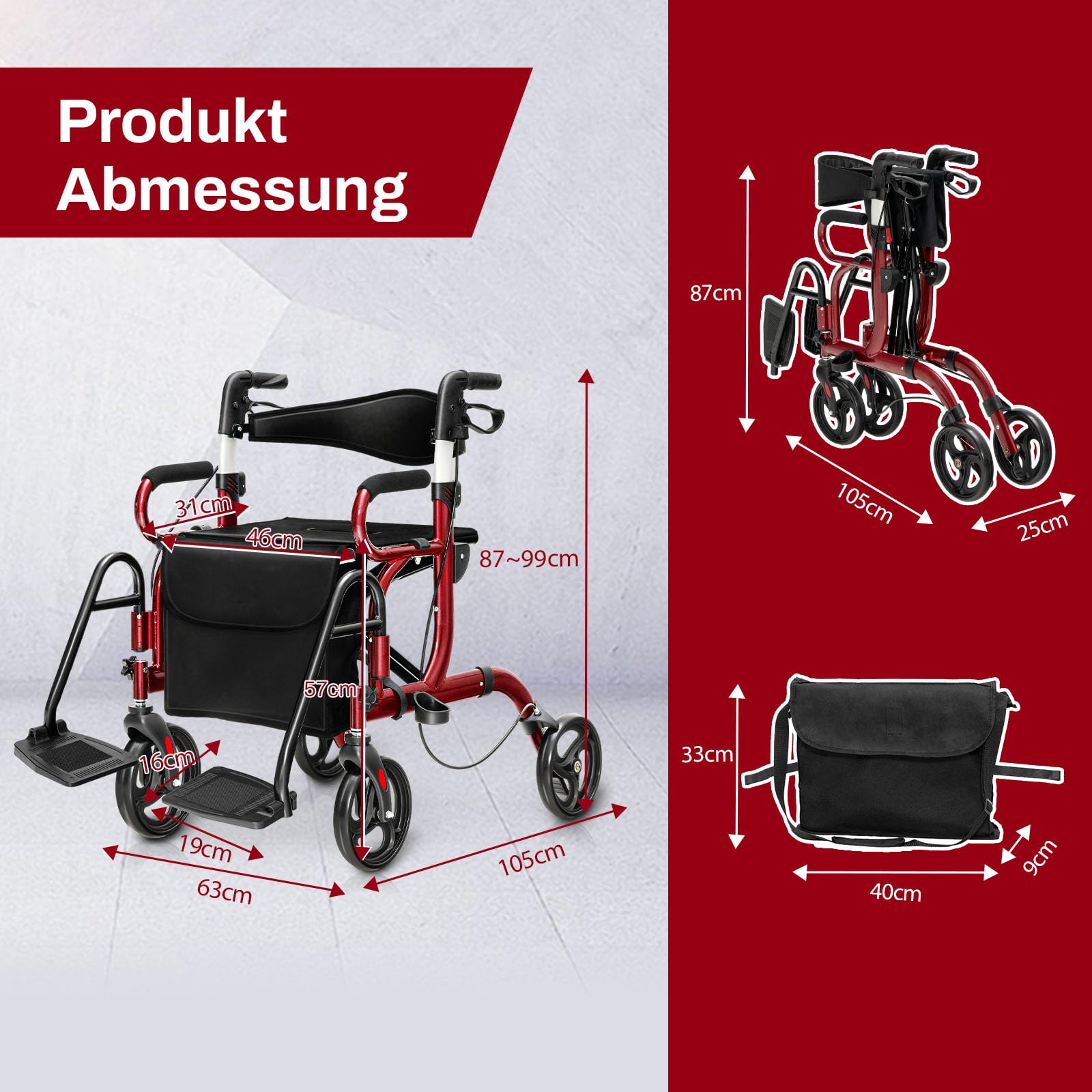 COSTWAY Rollator faltbar und leicht mit Sitz, 2 in 1 Rollstuhl & Reiserollator, Gehhilfe 6-fach höhenverstellbar, Gehwagen mit Tasche & Bremse & Stockhalter, Aluminium, klappbar für Senioren (Rot)