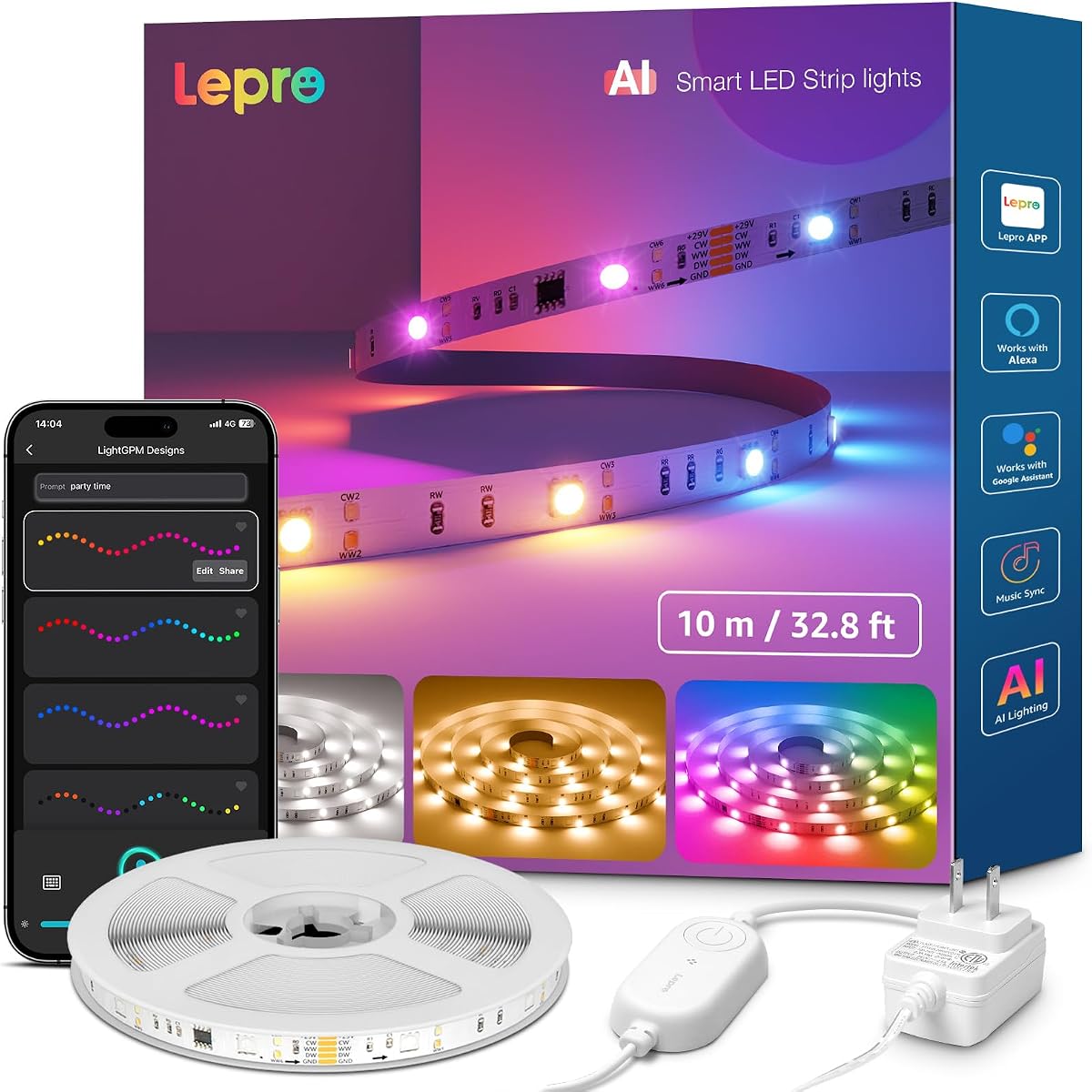 Lepro S2 AI Smart LED Tira de luces 32.8FT RGB+CCT WiFi Bluetooth para habitación | Blanco sintonizable 2700K-5700K, Diseñador de iluminación AI, Efectos de persecución del arco iris, Sincronización de música, Control de segmentos de color, Escenas inteligentes, Dormitorio