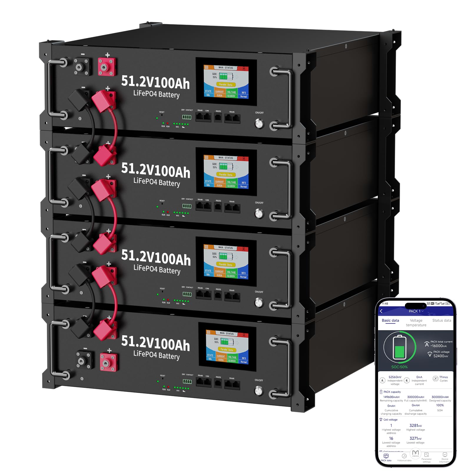 batteria al litio 48V 400Ah, batteria di accumulo LiFePO4 da 20kWh, connessione RS485 e CAN, Smart Display, per accumulo fotovoltaico, batteria off-grid, impianto solare, camper