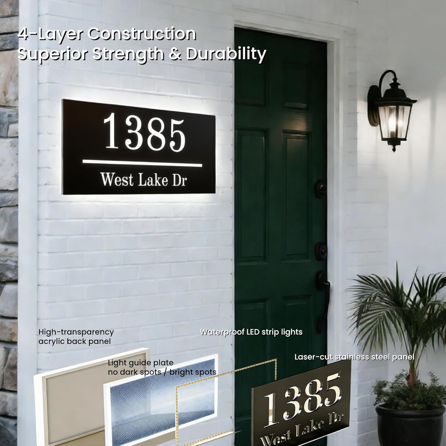 Personalized Lighted House Numbers, Custom Illuminated Address Signs for Outside, Backlit LED Numbers for Home & Commercial, Solar/Plug-in