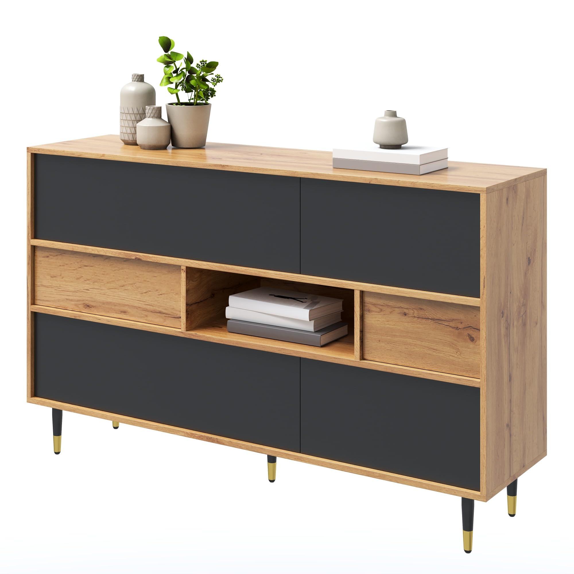 HAINEW Komoda z 4 drzwiami i 2 szufladami, szafka bufetowa, szafka pomocnicza, szafka do przechowywania, szafka kuchenna z 1 otwartą półką, 140 x 40 x 84,5 cm, kolor naturalny + czarny, HD26062504