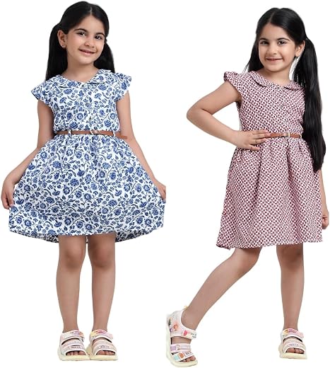 FRAIVIKO Combo Pack Floral Printed Cotton Sleeveless Short Dress| Breathable Kids Frock &amp; Western Dresses Frocks for Girls...