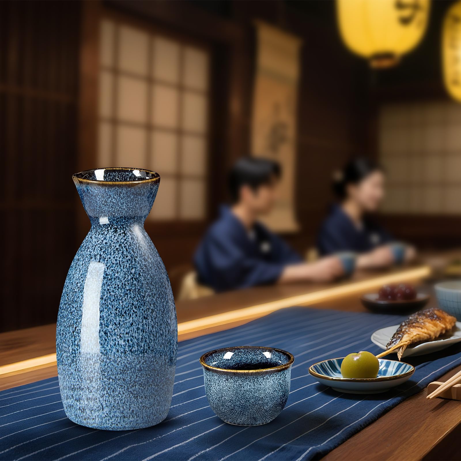 DUJUST 11 pcs Japanese Sake Set for 6, Kiln Altered Glaze Porcelain Sake Set, 6 Cups, 1 Bottle, 1 Warmer, 1 Candle Stove - Image 3