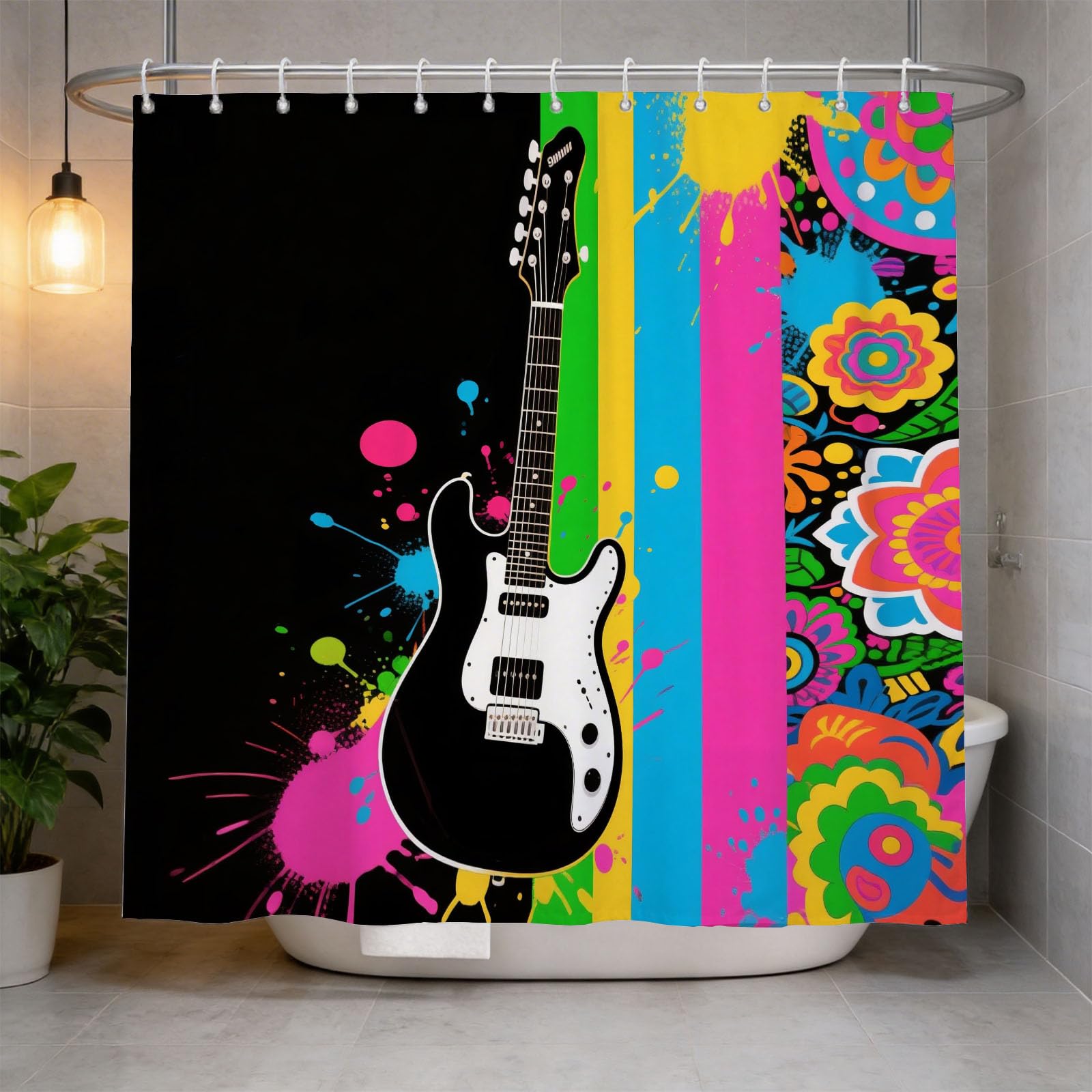 Hongduo 3D Guitar Shower Curtain for Stalls Bathtubs Cartoon Bathroom Decor Shower Curtain Set Polyester Fabric Waterproof 180x180cm/71X71 Inch with Hooks