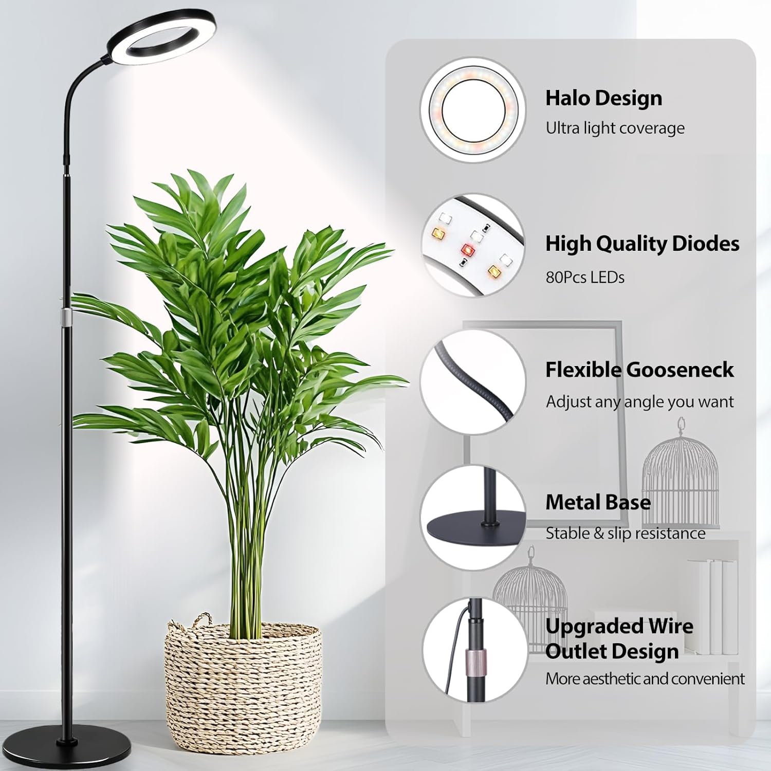 Plant Lights for Indoor Growing, Standing Grow Lights for Indoor Plants, 20w Full Spectrum LED Grow Lamp for Indoor Plants,3/9/12 h Timer,10 Brightness,68" Height Adjustable, Black