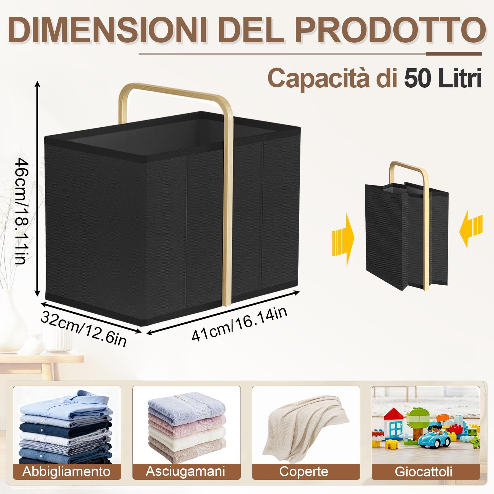Cesto Portabiancheria Pieghevole, 50 l, Pieghevole in Tessuto Impermeabile, Pieghevoles, con Maniglie, Salvaspazio, per Lavanderia, Bagno e Appartamento (Nero)