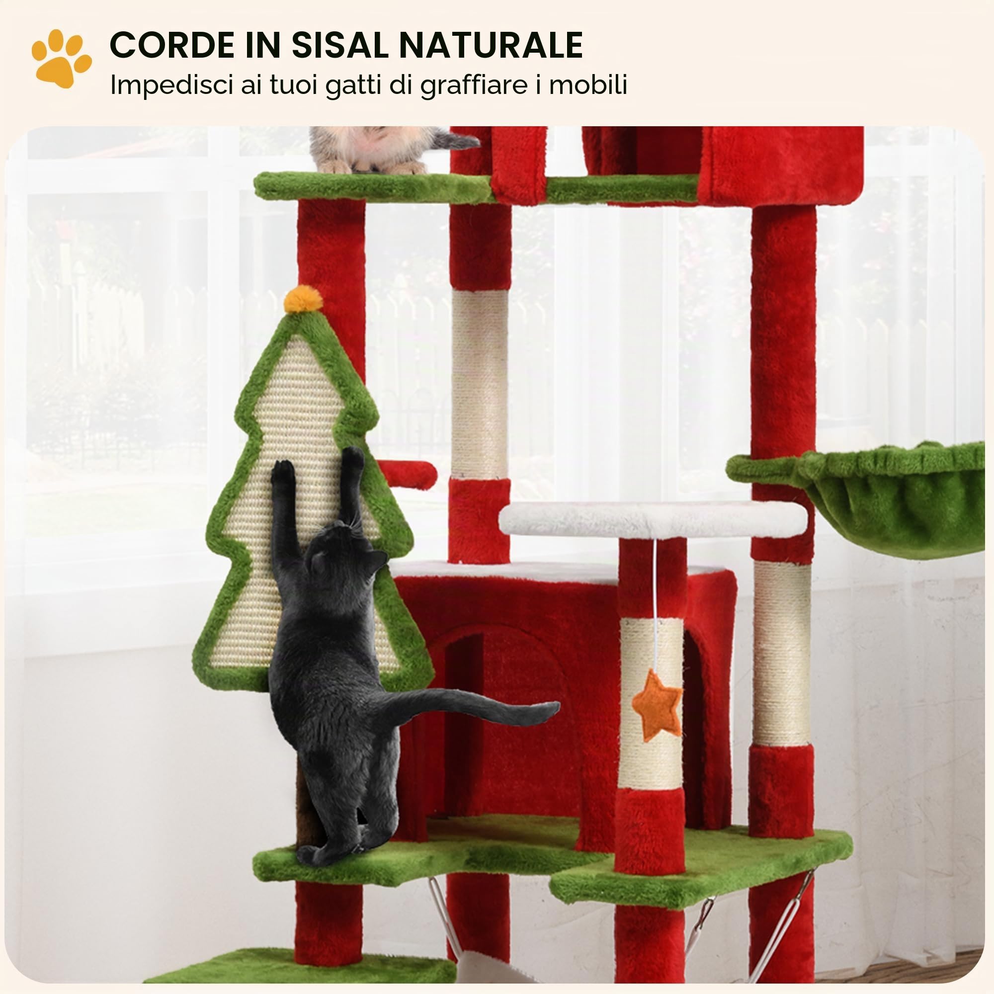 YITAHOME Torre per Tiragraffi per Gatti da 190 cm con Condomini, Trespoli Superiori, Amaca, Pali e Tiragraffi in Sisal, Centro Attività di Gioco per Gattini, Decorazioni Natalizie