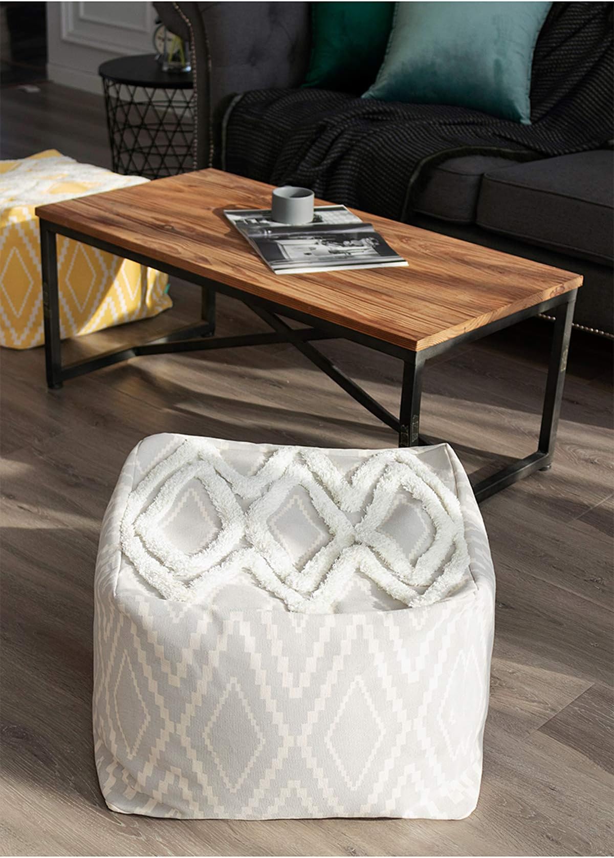 RISEON Boho Hand Woven Contemporary Cotton Linen Fabric Pouf Cover Footstool Ottoman Poufs Unstuffed-Square Floor Cushion Footrest  Cover for Living Room, Bedroom and Under Desk (Grey)