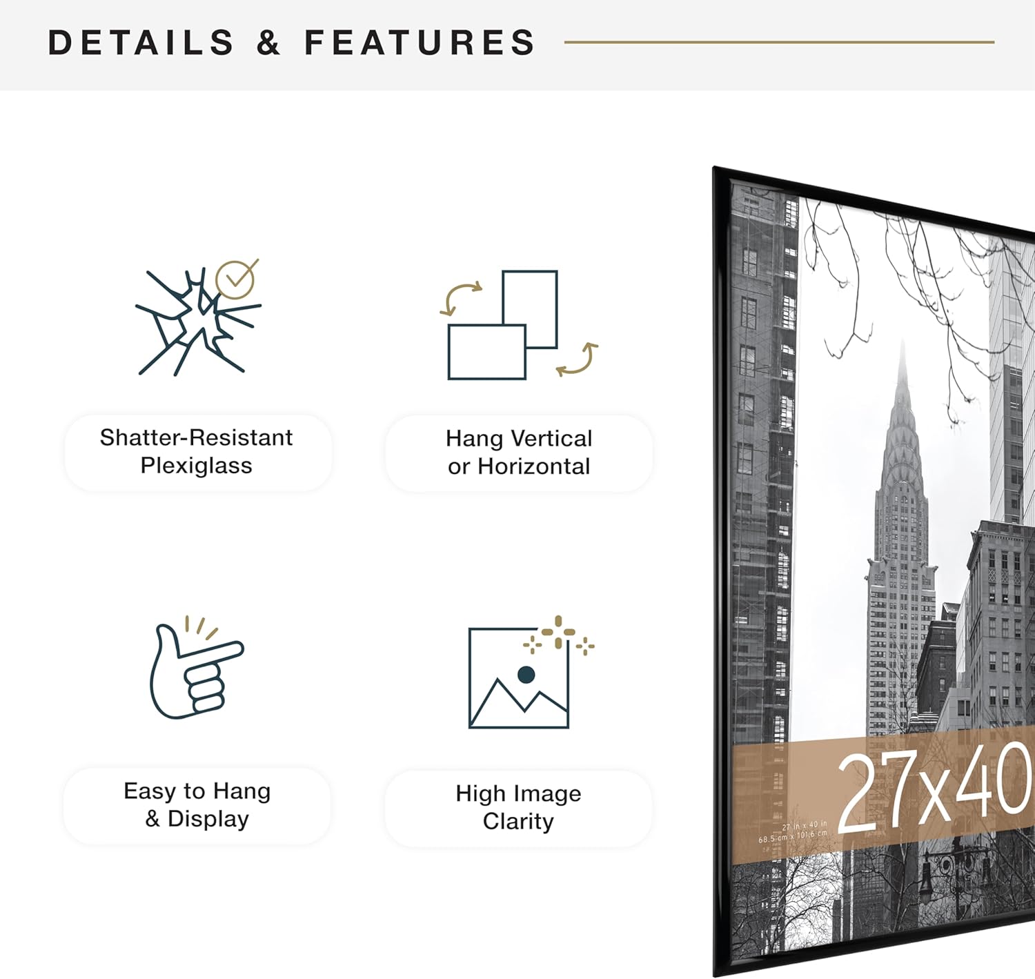 MCS Trendsetter Movie Poster Frame 27x40 Black High-Gloss, Vertical & Horizontal Wall Hanging Large Picture Frame for Photos, Artwork & Custom Posters (2-Pack)