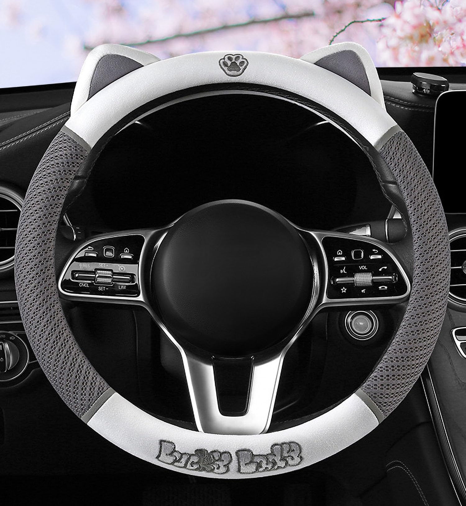 Cartoon car Steering Wheel Cover Round D Type/Flat Bottom Steering Wheel Cover OD 38cm/15 inch (Gray)