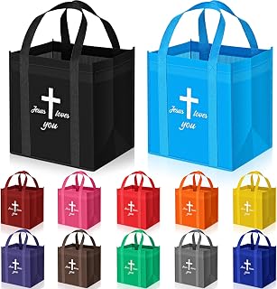 SATINIOR 12 Pcs Christian Reusable Handle Grocery Bags, Religious Bible Tote Bulk Large Washable Foldable Shopping Fathers Day Gift Bags Holds 100 Lbs, 15" H x 13" L x 10. 2" W(Multicolor)