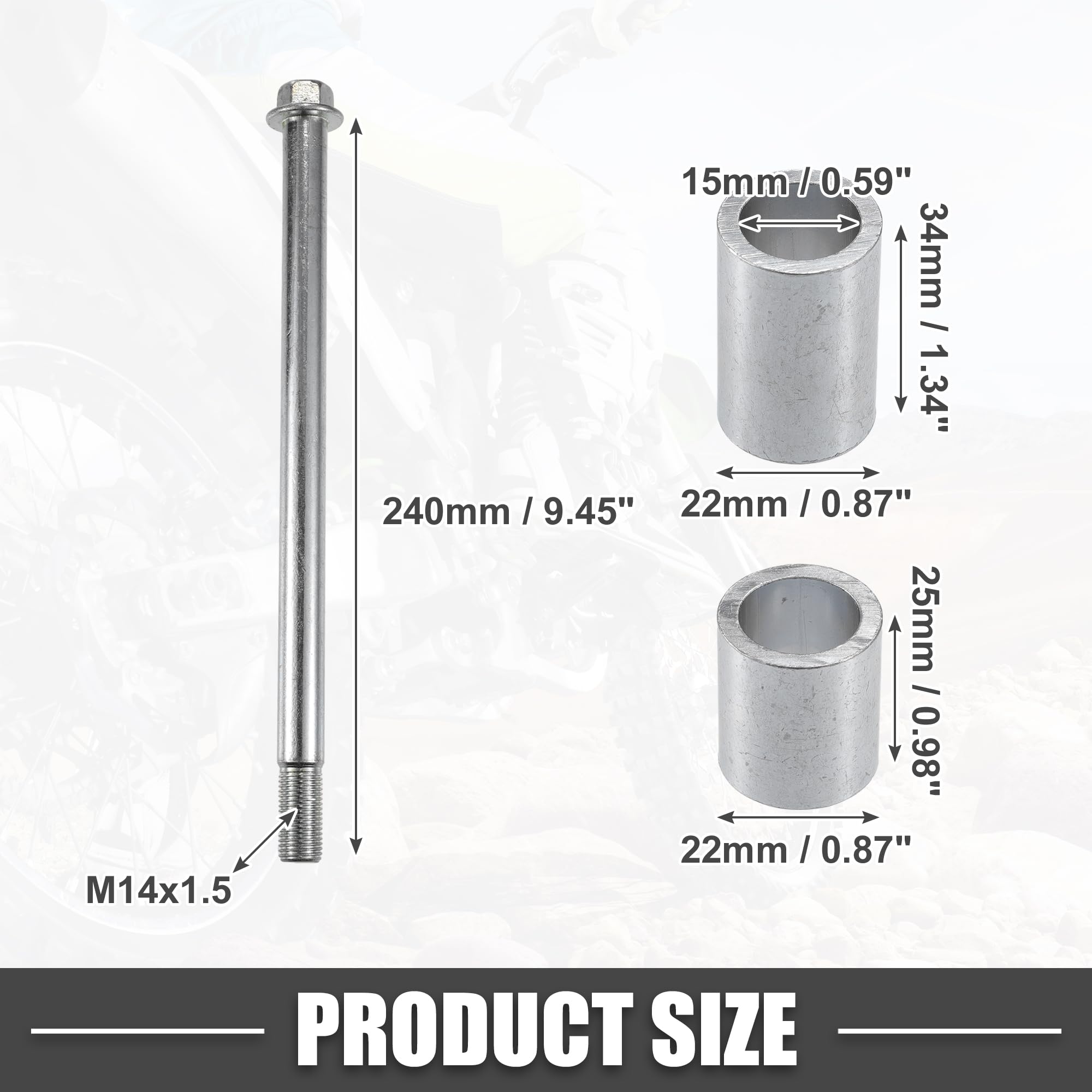 A ABSOPRO Essieu Avant Arrière Avec Bague Et Vis Boulon M14 240mm Dirt Bike Scooter Atv Essieu De Roue En Acier Allié Ton Argent