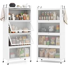 GIANTEX 5-Tier Kitchen Storage Cabinet, 4 PC Doors, Rolling Wheels White | Mobile Metal Pantry Cabinet with 4 Hooks & Adjustable Feet, Bakers Rack Microwave Stand for Dining & Living Room