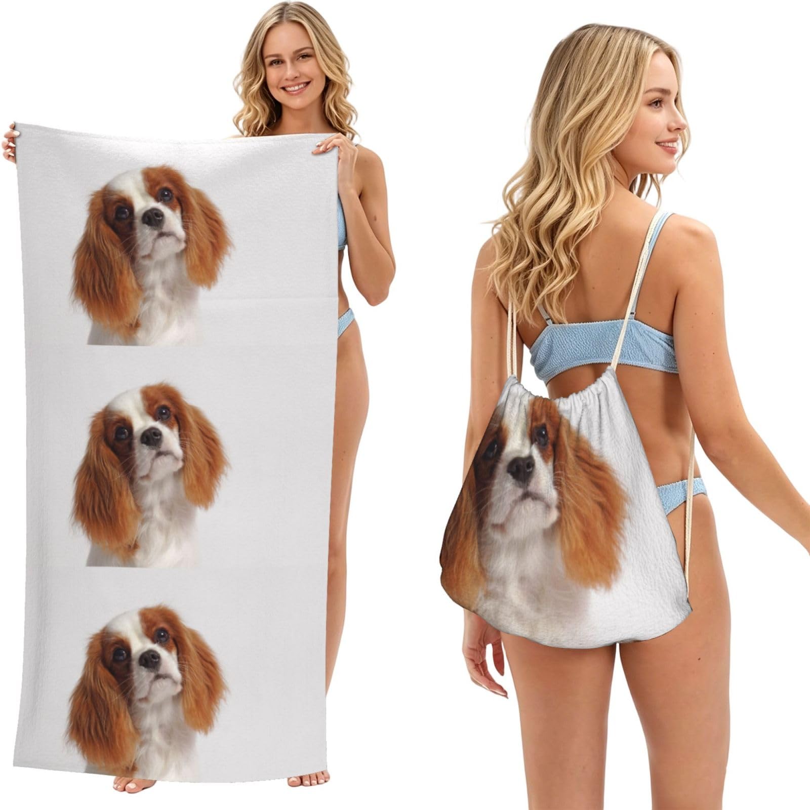 Poadnly As Picture Cavalier King Charles Spaniel, 2 In 1 Packable Towel Bag, Beach Towels With Drawstring Backpack For Travel Holiday Camping