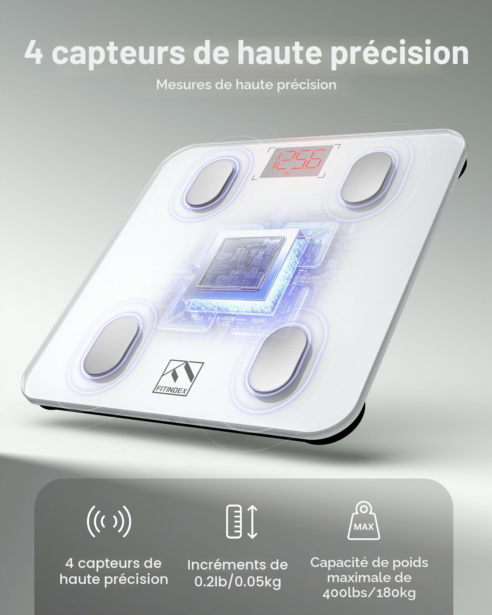 Pèse Personne Impédancemètre, FITINDEX Balance Connecté, Pèse-Personne Bluetooth Balance Salle de Bains Impedancemetre avec 13 Données Corporelles (BMI/Muscle/Graisse Corporelle/Masse Osseuse), Blanc