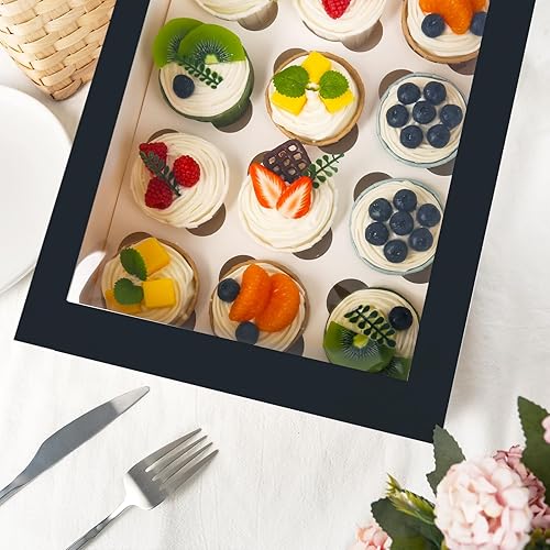 Miniatura 6 de VGOODALL 6 recipientes para cupcakes con ventana, soporte negro para cupcakes con inserto de caja de pastelería, 12 unidades con capacidad para 72