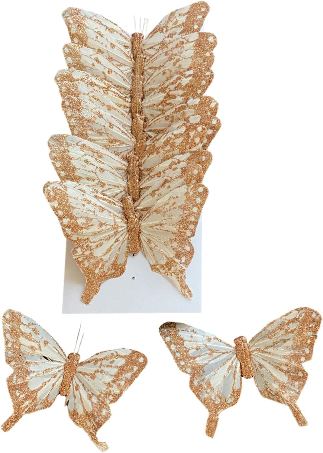 Nature's Net 5" Ivory Gold Glittered Feather Swallowtail Butterfly Set of 12 Faux Butterfly Decoration Floral Picks Artificial Butterfly with Wire Cake Topper Scrapbooking Embellishment