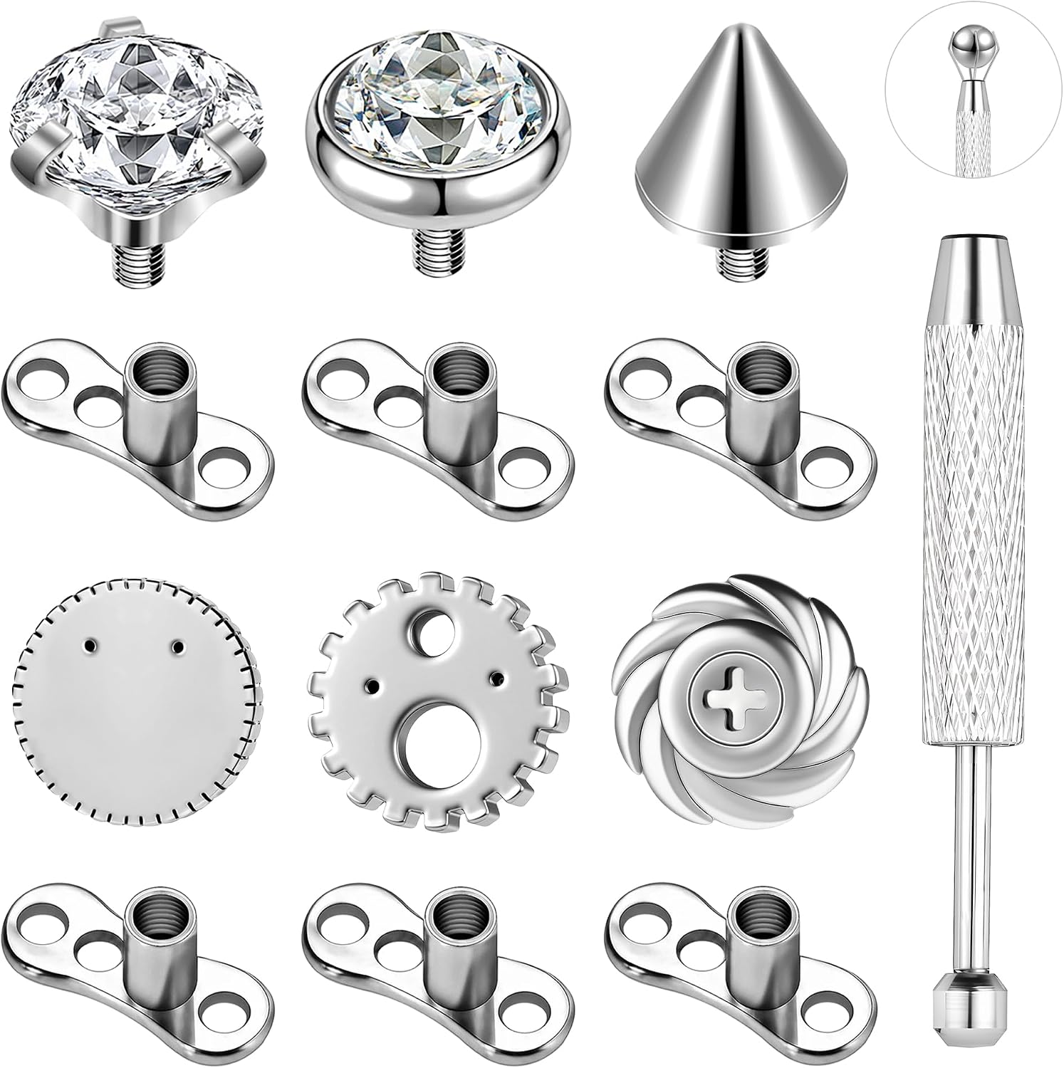 Gear Style 14G Dermal Anchor Tops and Base Surgical Steel Dermal Piercing Jewelry Tops Cubic Zirconia Micro Kit Be Equipped With Piercing Ball Grabber Tool for Women Men Hypoallergenic