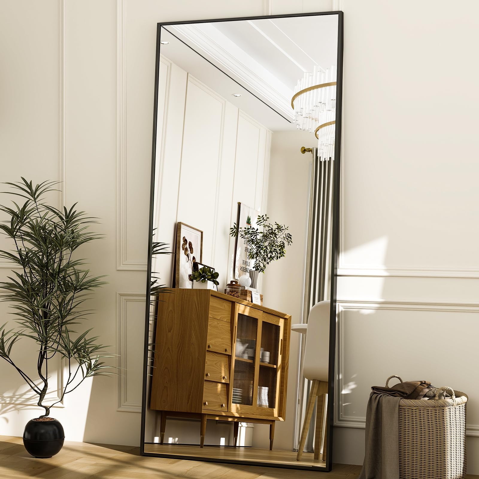 Koonmi 171 x 76 cm Standspiegel, robust Ganzkörperspiegel mit minimalistische schmaler Aluminiumrahmen, modern großer Wandspiegel stehend oder hängend für Wohnzimmer und Schlafzimmer, Schwarz