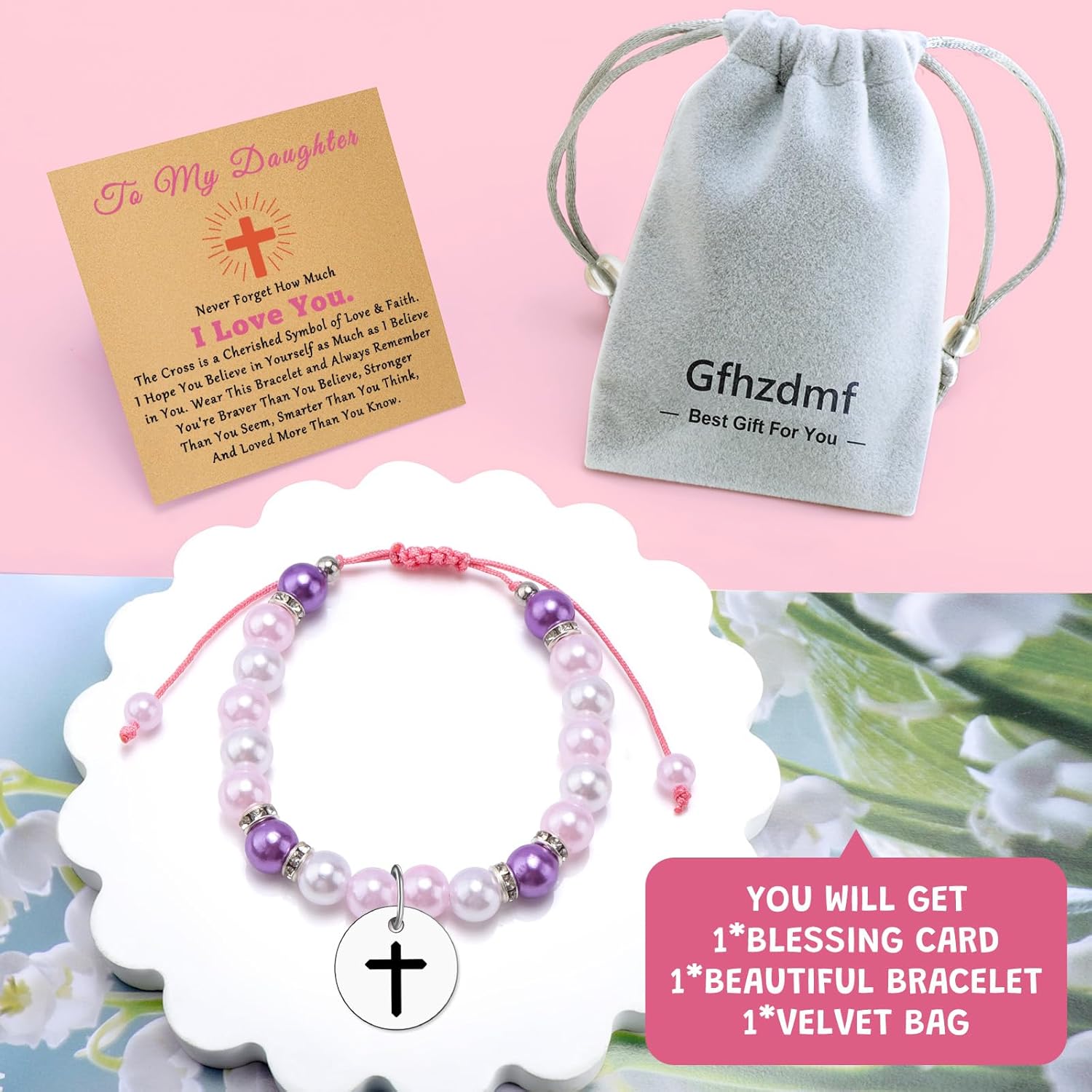 Happy Birthday Gifts for Daughter Adult Beaded Bracelet To My Daughter Unique Gift from Mom Meaningful Christmas Baptism Communion Present Motivational Gifts for Her Jewelry Bracelet with Card - Image 7