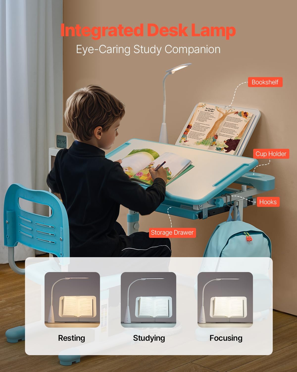 VEVOR Kids Study Chair and Desk Set, Study Desk and Chair for Kids with Table Lamp, Adjustable Height & 0-40 Tilted Desktop, Blue