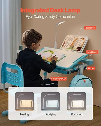 Miniatura 5 de VEVOR Juego de silla y escritorio de estudio para niños, escritorio de estudio y silla para niños con lámpara de mesa, altura ajustable y escritorio